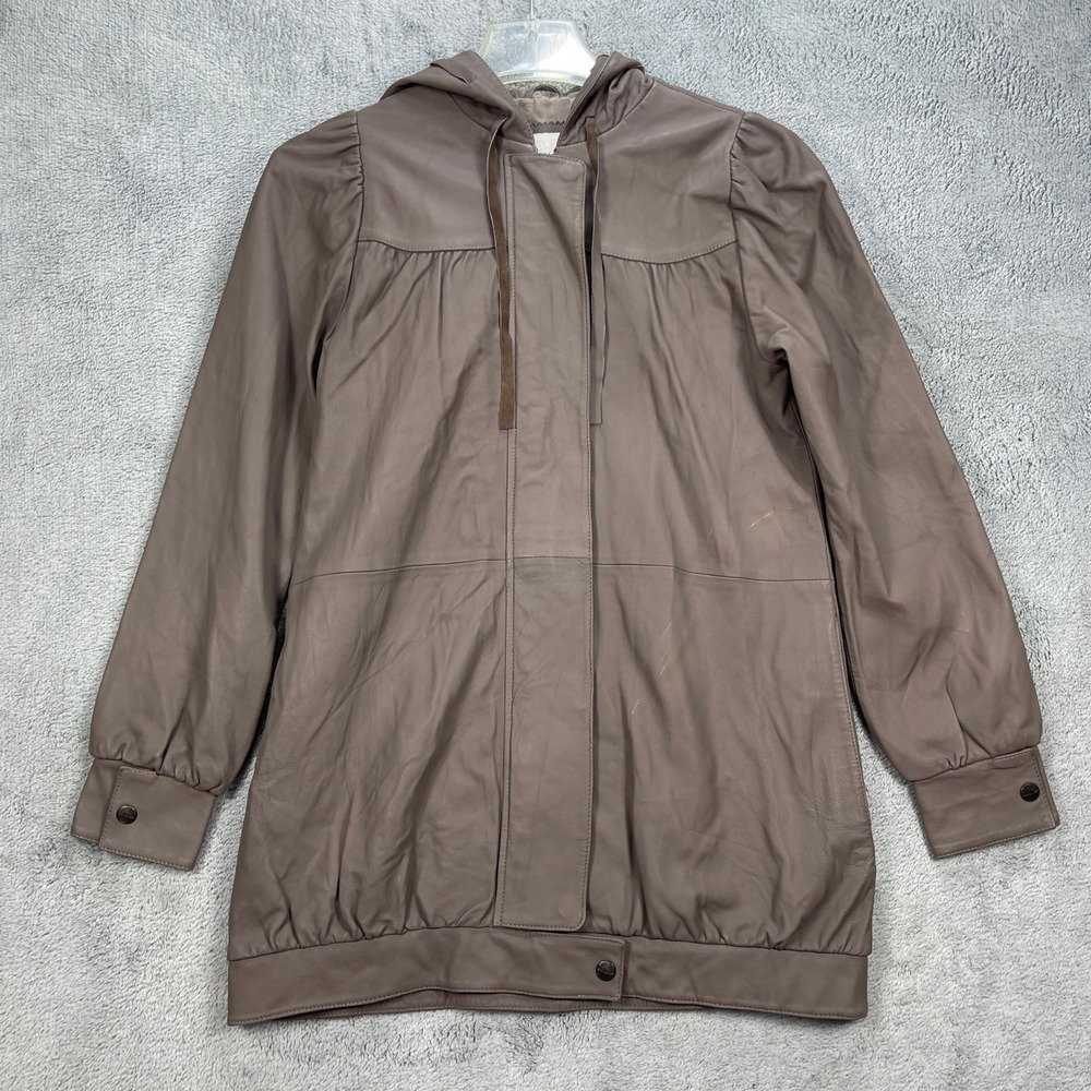 Madison Marcus Leather Jacket Womens S Taupe Hooded Silk Lined Anorak Parka